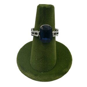 Stunning Silver-Plated Ring With Large Blue Stone & Rhinestones Stretch Adj